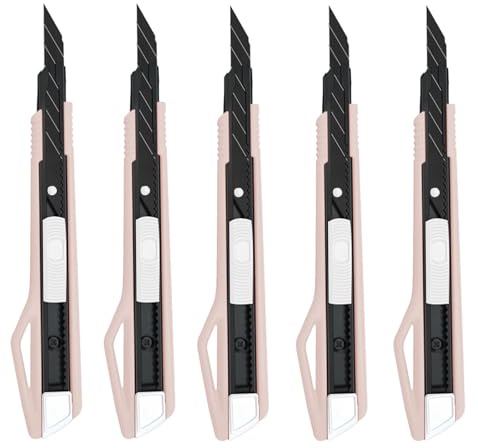 MANUFORE 5 Stück 9mm Cuttermesser Set, Profi Cuttermesser 30 Grad mit Schwarz SK5 Stahl Abbrechklingen, 9mm Cutter Schwarz für Karton, Folien, Papier, Basteln und Tapete Rosa