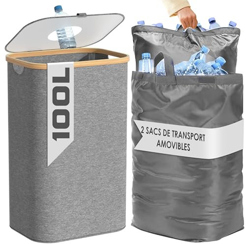 BAM BOO BOX Contenitore raccolta differenziata 100L con 2 borse – Bidoni differenziata da interno per immondizia e bottiglie vuote – Cestini raccolta differenziata cucina (Grigio)
