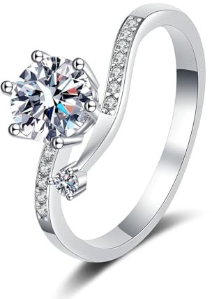 Zarter Ring Damen, Schmuck Ringe Damen 18 Karat (750) Weißgold 6 Zinken mit Weißer, Runder, 2 Ct im Labor Gezüchteter Diamant Größe 49 (15.6)