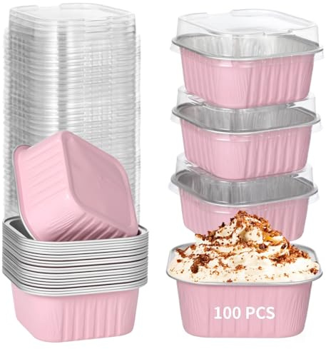 100 Pack Pink Aluminium Foil Dessert Cups - 150ml Square Baking Cups with Lids, Reusable Pudding & Muffin Containers for Ice Cream, Cakes, Picnics