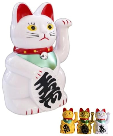 5 Lucky Cat Waving Arm, Maneki Neko Lucky Fengshui Cat for Feng Shui Welcoming Fortune Luck Wealth Prosperity Decoration, Battery Not Included (White)