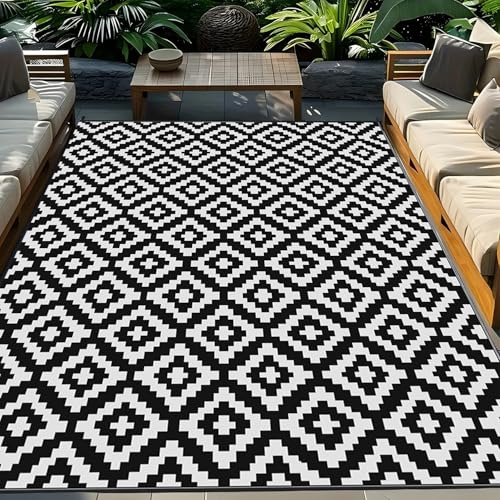 Wlian Large Outdoor Rug 270 x 370 cm – Waterproof Recycled Plastic Area Rug for Patio, Garden, Deck, Balcony, Kitchen, Picnic, Hallway – Black & White, Indoor & Outdoor Use