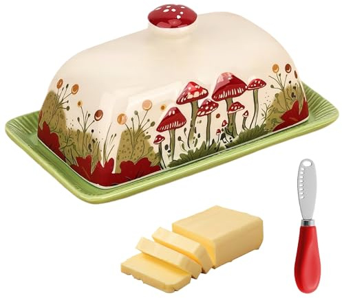 Vintage Cute Ceramic Butter Dish with Lid: Butter Storage Container with Mini Butter Knife for Home, Kitchen, Keeping Butter Fresh and Clean, Practical Gift Idea, Mushroom (Red, 19.0 × 10.7 × 9.4 cm)