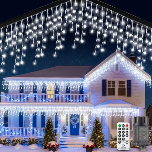 Eisregen Lichterkette Weihnachtsbeleuchtung Außen 10M - LED Weiß Beleuchtung Weihnachten Aussen mit Fernbedienung Timer 8 Modi Wasserdicht Lichtervorhang Aussen für Balkon Weihnachtsdeko Draußen