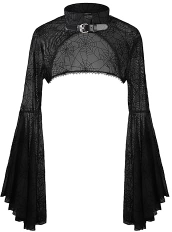 Bolero Damen Gothic Oberteile Gotisch Shrug Vintage Jäckchen Spitzenbolero Durchsichtig Bolerojacke Lolita Festlich Spitzenbolero Halloween Punk Crop Top Langarm Schwarz für Party Club Karneval