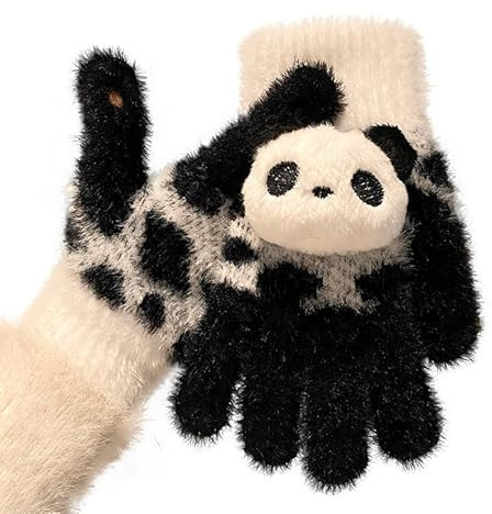 SJTJSPX Winterhandschuhe für Damen, Mädchen, niedlich, Panda, warm, aus Strick, Plüsch, Thermohandschuhe mit Touchscreen, Fäustlinge, dick, winddicht, Handschuhe für Skifahren, Fahrrad, Motorrad