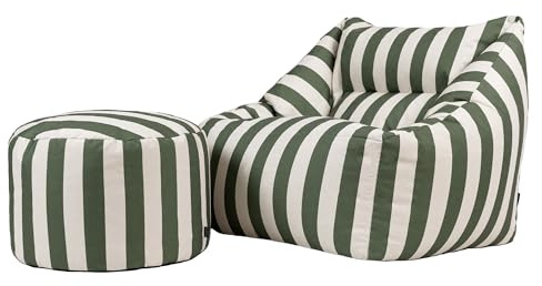 Icon Natalia Outdoor Sitzsack Sessel für Erwachsene mit Hocker, Kyoto Grün Streifen, Webtoff, Riesen Sitzsack mit Füllung, Bean Bag Chair, Bequemer Sessel, Garten, Terrasse, Lounge, Wohnzimmer Möbel