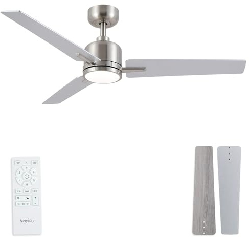 Newday 48 Inch Brushed Nickel Ceiling Fan with Light & Remote - Noiseless Reversible DC Motor, Dimmable 3CCT, 6-Speed with Timer, 3 Blades for Indoor/Covered Outdoor Use (ETL Listed)