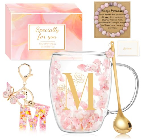 MOTONG Birthday Gifts for Women Glass Coffee Mug, Double Wall Espresso Tea Cups with Letter M Printing, Personalised Gifts for Women Ladies Christmas Valentine's Day Mother's Day with Spoon Bracelet