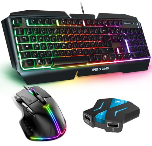 Spirit Of Gamer, Pack Clavier Souris Gamer Filaire RGB + Convertisseur Mannette PS4/PS3/Switch 1 & 2, Clavier AZERTY Dont 19 Touches Anti-Ghosting, Souris 12800 DPI avec 8 Boutons Programmables