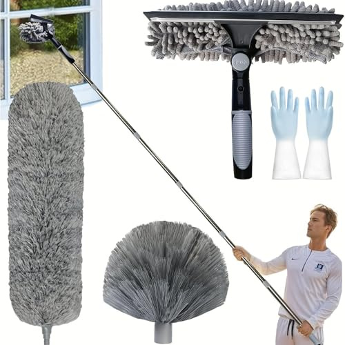 5 Pezzi Spolverino per Polvere Allungabile 4m, Togli Ragnatele Allungabile, Guanti Pulizia Casa, Piumino per Spolverare, Scopa Polvere Pulizia Ventilatori Soffitto, Tapparelle, Ragnatela