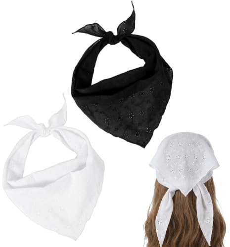 Women's Lace Bandana Head Scarf White & Black Set of 2 | Floral Eyelet Design, Hair Kerchief, Triangle Shape, Summer Accessory, Girls & Women
