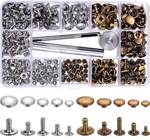 200 Set 5 Sizes Leather Rivets Single Cap Rivet Tubular Metal Studs with 3 Pieces Fixing Tool for DIY Leather Craft, Rivets Replacement, 2 Colors (Silver and Bronze)