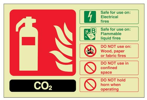 VSafety englisches Warnschild für Feuerlöscher, CO2-Kennzeichnung, leuchtet im Dunkeln, 150 x 100 mm, selbstklebendes Vinyl