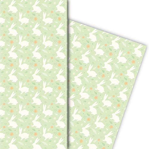 Kartenkaufrausch Häschen Geschenkpapier Set mit Herz für liebevolle Geschenk Verpackung 32 x 48cm, 4 Bögen zum Einpacken für Geburtstage, Geburt, Ostern, grün