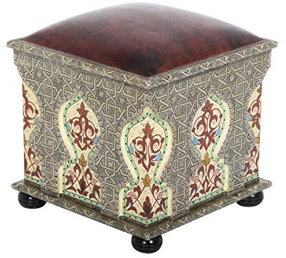 Marokkanischer Hocker Elias aus Massiv-Holz Ø 40 cm x H 41 cm bunt mit echt Leder Auflage Vintage Sitzhocker Prachtvolle orientalische Dekoration MO1014