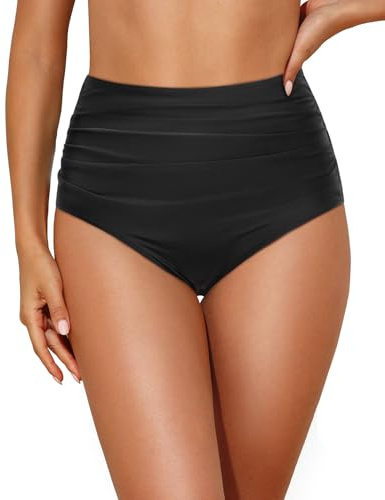 Tempt Me Women Retro High Waist Bikini Bottom Black Ruched Swim Brief Bottom M