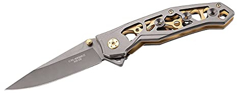 Herbertz Einhandmesser, Stahl AISI 420, titanbeschichtet, Flipper, Liner Lock, Edelstahlheft, messingfarbene Platinen, hochwertiges Klappmesser, scharfes Taschenmesser, grau Gold, normal