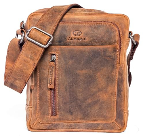 ALMADIH kleine Leder Umhängetasche Herren 9.7 Zoll iPad – FINN Braun Vintage Kompakte Ledertasche für Reisen & Alltag Messenger Schultertasche Freizeittasche City Bag Tablet Damen (FINN vintage)