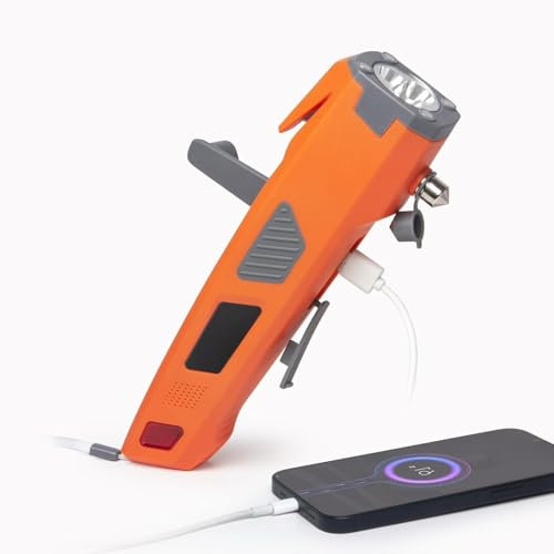 Martello di Emergenza per Auto 7 in 1, Martello di Sicurezza, Strumento di Emergenza con Rompivetro e Taglia Cinture di Sicurezza, Strumento di Sicurezza SOS con Torcia LED Caricatore USB -Arancione