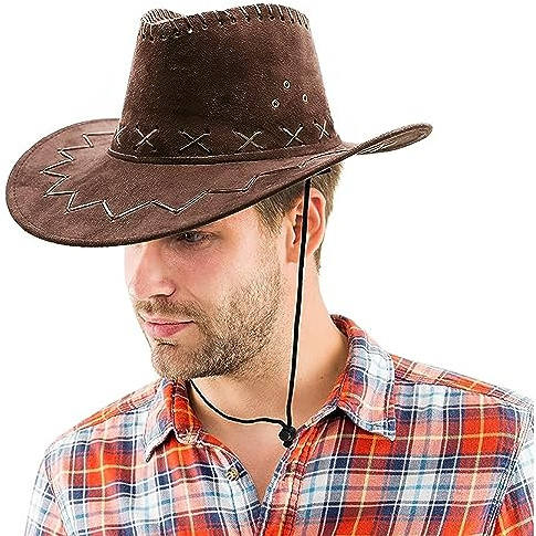 Brauner Cowboyhut – Wildlederimitat mit Kreuzschraffur und Kordelzug – breite Krempe Cowboyhut Verkleidung Kostüm Zubehör – 1 Stück