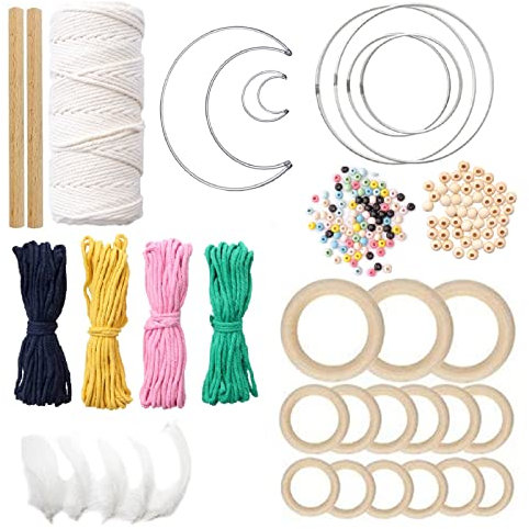 NSXIN Makramee Garn 3mm x180m Makramee Set Traumfänger Basteln Natürliche Makramee Baumwolle Mit 15 Holzringe, 6 Metallringe, 100 Holzperlen 10 weiße Federn