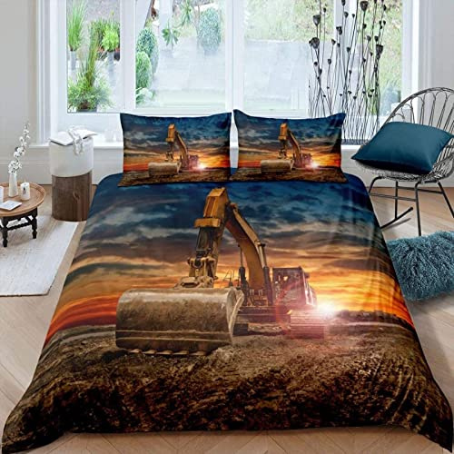 LUYAPOND Bettwäsche 140x200 Bagger Bettwäsche Set, Mikrofaser Bettbezüge, 1 Bettbezug mit Reißverschluss + 1 Kissenbezug 80x80 cm