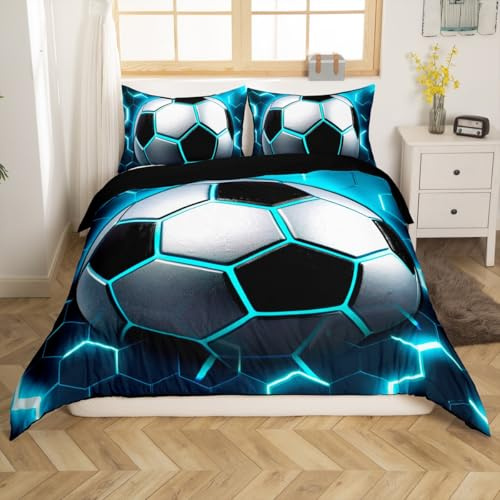Erosebridal Boys Football Comforter Cover Set Soccer Duvet Cover,Blue Glowing Honeycomb Bedding Set Full Modern Neon Light Bedding,Geometric Buffalo Check Quilt Cover for Kids Teens 3 Piece Soft