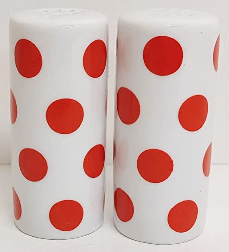 Red Spots Salt and Pepper Set Ceramic Porcelain Round Cruet Set Hand Decorated in UK