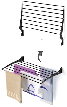 foxydry Fold, wall mounted clothes airer, folding space saving, 31 in | made of aluminium and stainless steel, folds upward, rustproof, for terraces and balconies, supports 22 lb, black
