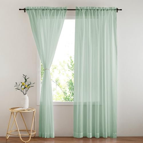PONY DANCE Sage Green Voile Curtains 60x84 inches - Bedroom/Living Room Window Net Curtains Semi Transparent Voile Sheer Panels Slot Top for Living Room Divider/Nursery Decoration, 2 Panels