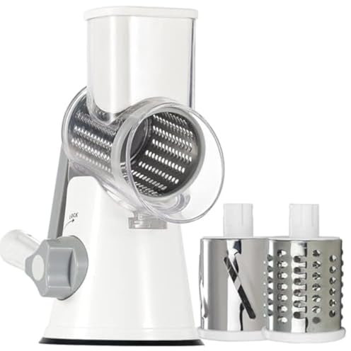 Râpe à fromage rotative manuelle ronde pour légumes, pommes de terre, carottes, mandoline, hachoir à noix avec brosse de nettoyage pour cuisine (blanc)
