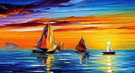 Acryl-Bild 90 x 50 cm: Wunderschöner griechischer Sonnenuntergang am Meer mit Segelbooten. hochwertige Illustration (197063275)