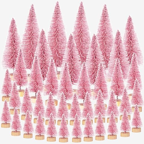 42Pcs Mini Sisal Trees with Wood Base Pink Artificial Christmas Pine Trees Ornaments for Winter Snow Miniature Scenes DIY Christmas Crafts Xmas Holiday Home Desk Tabletop Decor (42Pcs Pink-Mix Size)