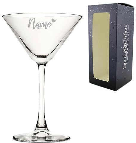 Personalised Engraved Enoteca Martini Cocktail Glass with Name with Heart Design, Personalise with Any Name for Any Occasion, Gift Box Included, Laser Engraved