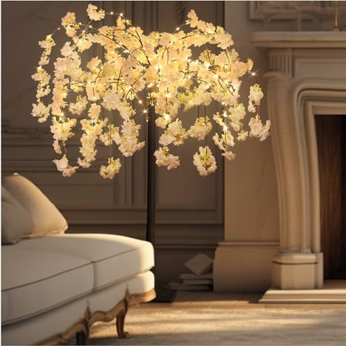 Skcoipsra Árbol de cerezo de 4 pies con 228 luces LED, árboles artificiales iluminados para decoración en el interior, 8 modos de iluminación, árbol rosa con flor sintética para boda, fiesta, Navidad,