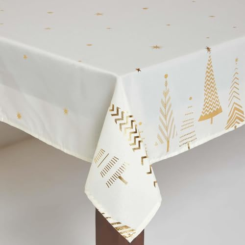 HOMESCAPES Moderne Weihnachts-Tischdecke Tannenbaum 132x178 cm, creme-goldene Tischdecke mit Bäume-Design, Tischtuch festlich