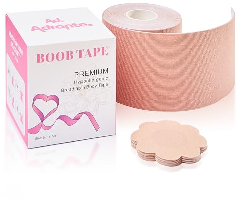 AD. ADRANTE. Cinta Adhesiva Pecho, Boop Tape 5m x 5cm, Levantamiento de Pecho, Sujetador Invisible, Push Up con 5 Pares de Cubre pezones Desechables, Cinta Invisible Elástica (5cm)