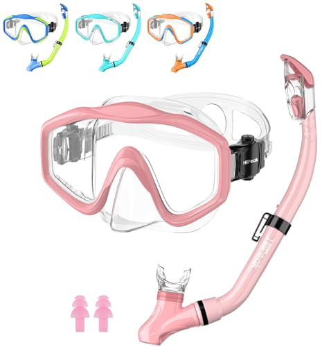 HiiPeak Kids Snorkel Set, Dry Top Snorkel Mask Snorkelling Package, Snorkelling Diving Mask with Breathing Tube Panoramic View Tempered Glass Anti-Fog, Children Swimming Goggles,Snorkeling Gear