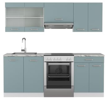 Vicco Küchenzeile R-Line, Blau-Grau/Weiß, 200 cm | 5 Module · Höhenverstellbare Füße · Ohne Arbeitsplatte · Robuste Fronten · Mit Glasschrank · Frei kombinierbar