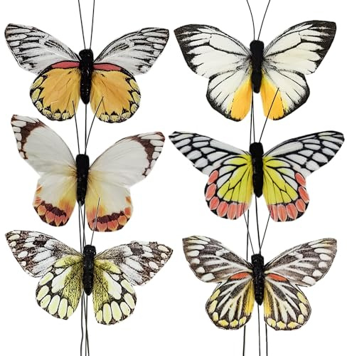YCHTEWY Künstliche Schmetterlinge zum Basteln, Dekoration, Set mit 12 Stück, mit Draht, 6 Farben, für Hochzeit, Zuhause, Blumentopf, Weihnachten, Party, Frühling, Heimdekoration, Blumenmuster, YCB62B