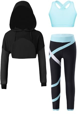 iiniim Mädchen Sportanzug Trainingsanzug Sweatshirt Sport Crop Top Oberteile mit Leggings Jogginganzug Gym Tanz Yoga Training Kb Hellblau 158-164