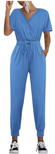 Camouflage Jumpsuits Ladies with Pockets Kordelzug Elastic High Waist Sports Summer V-Neck Jumpsuit Vintage Straight Leg Capri Pants Short Sleeve One Piece Outfit Romper Playsuit Casual Loose Fit