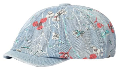 URFEDA Damer vintage denim nysboy cabbie hatt, ledig ballongmössa för kvinnor, skärmmössa, mössa, basker målare, mössa, bakerboy-keps, nysboy-mössa, cabbiemössa, med skärm, vårsommar, Ljusblå, 58