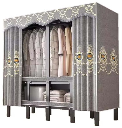HUHJYUGE Faltbarer Stoffschrank mit Staubabdeckung, Kleiderschrank mit Kleiderstangen, Texil Steckschrank, Camping Steckschrank Textil Garderobe, Stoff Faltschrank für Schlafzimmer