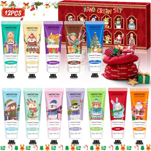 ZZXLOPEZ Mini Crèmes pour Mains, 12 Pièces Coffret Cadeau Crème de Noël, Crème Hydratante Pour Les Mains Pour les Mains et les Pieds Secs, Crème pour les Mains Format Voyage pour Noël, Saint-Valentin