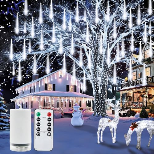 CCILAND Meteorschauer Lichterkette Batterie 30CM 192 LED mit Timer-Kaltweiß | 8 Röhren Weihnachtsbeleuchtung Außen, wasserdichte Fallende Regen Lichter für Weihnachten Baum Hochzeit Traufe Garten