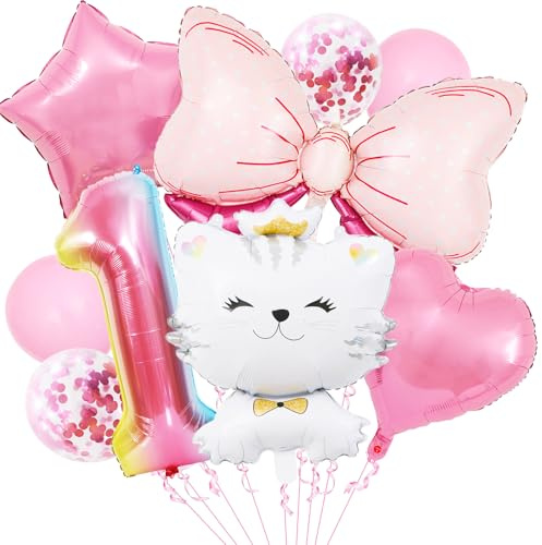 Koboko Katzen Geburtstagsdeko 1 jahr Mädchen, Tiere Luftballon Katze Deko 1. Geburtstag Mädchen,Katzen Deko Folienballon 1 Jahr, Fliege Luftballon 1 Geburtstag, Erster Geburtstage Deko