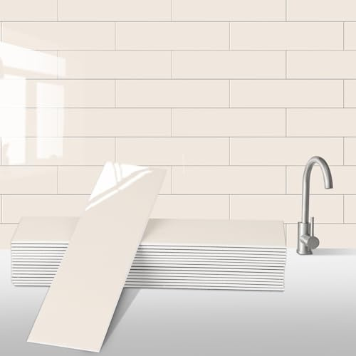 Peel and Stick Backsplash Wall Tile for Kitchen, 24-Sheet Subway Adhesive PVC Mosaic Tiles Decorative Backsplash Tiles Stick on Bathroom（Beige）
