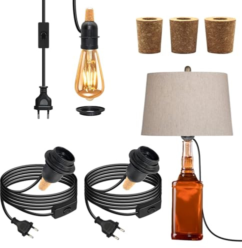 Lampenfassung für Flaschen, 2 Stück E27 Fassung mit Kabel und Schalter 240cm, Schwarz Flaschenadapter Lampe, Flaschenlampe Aufsatz mit 3 Arten von Korken für Verschiedene, Lampenschirm für Flaschen